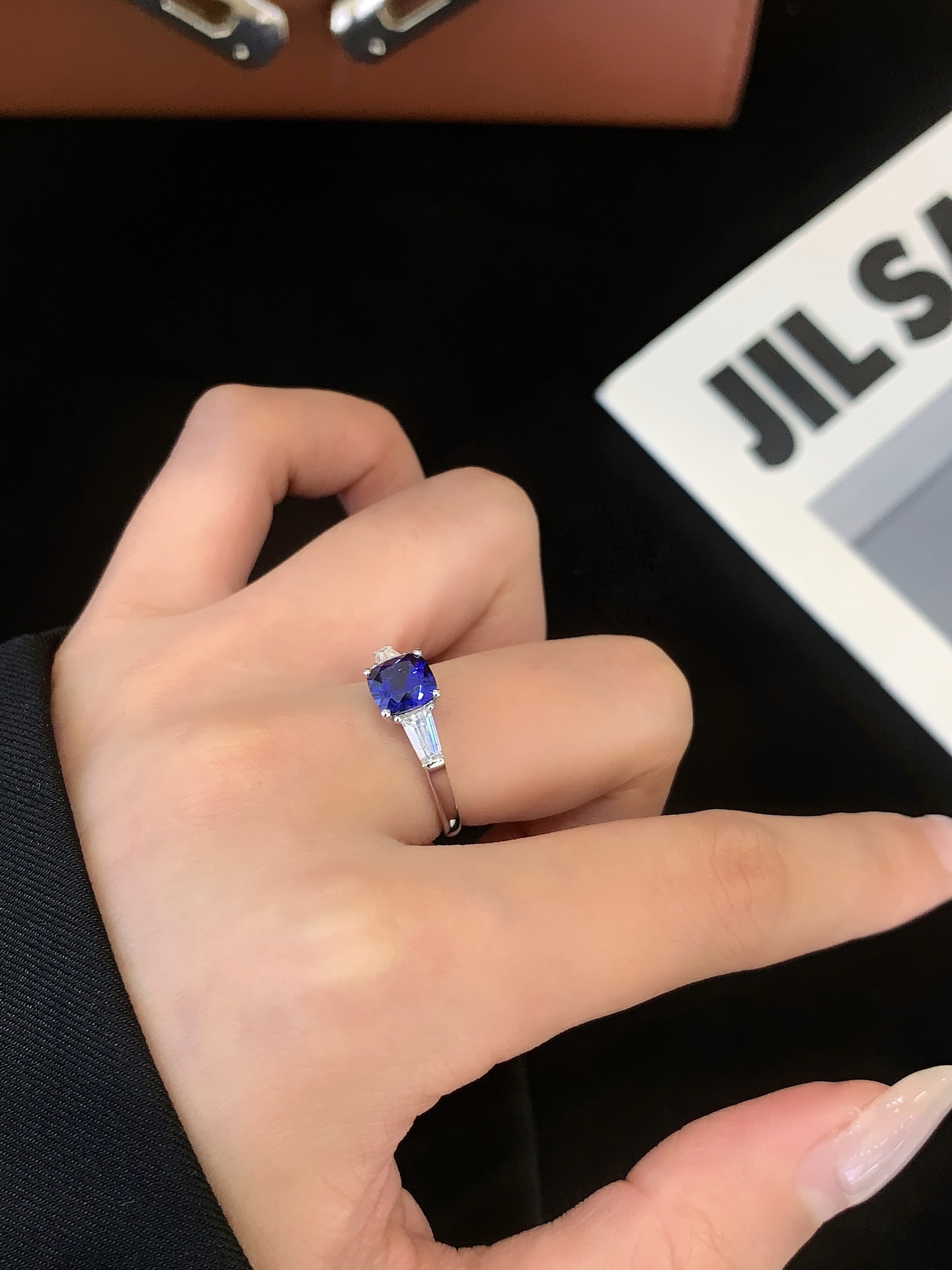 New Arrival Three Stones Vvs Baguette Cut Moissanite Diamond & Lab Grown Sapphire Engagement Ring for Women 6
