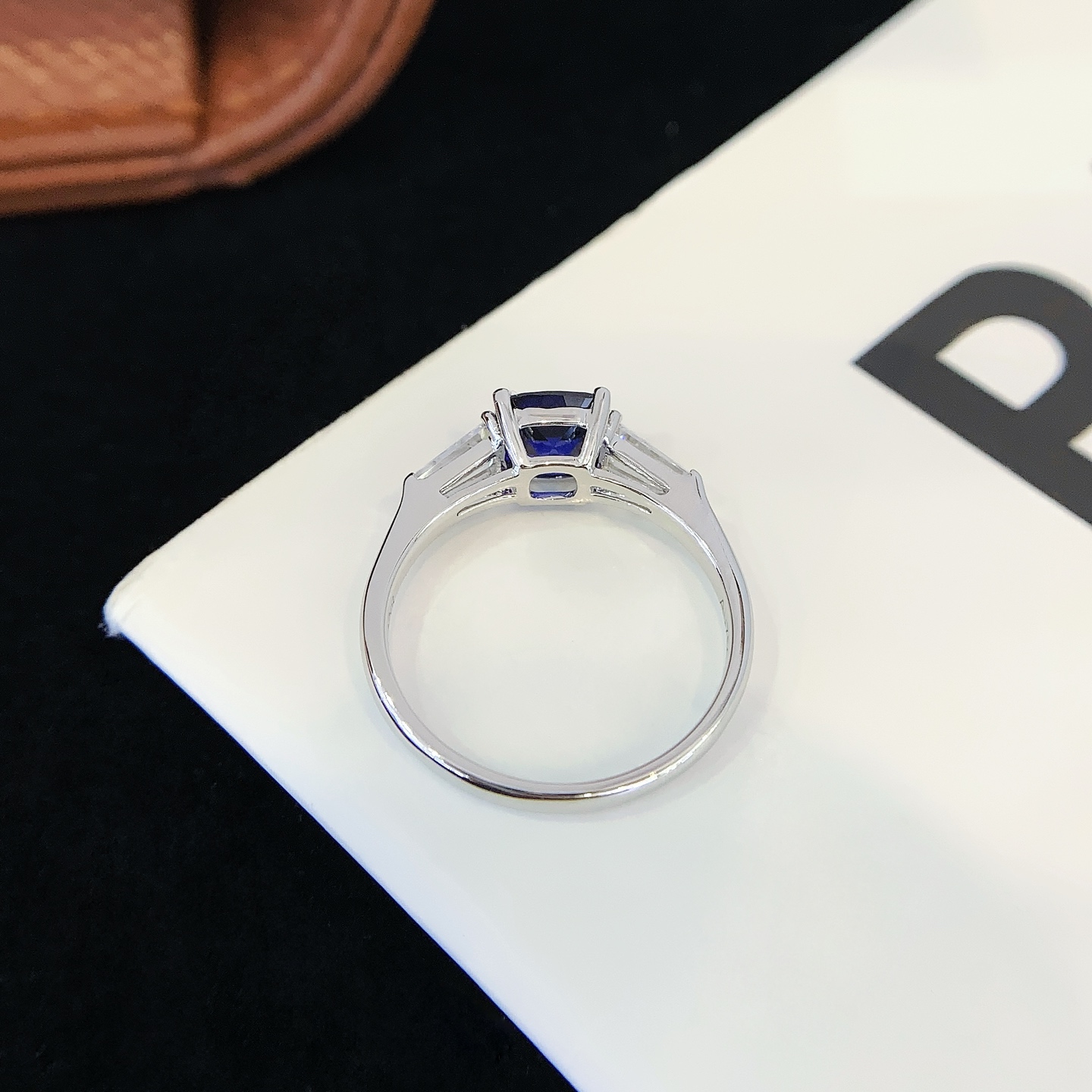 New Arrival Three Stones Vvs Baguette Cut Moissanite Diamond & Lab Grown Sapphire Engagement Ring for Women 5