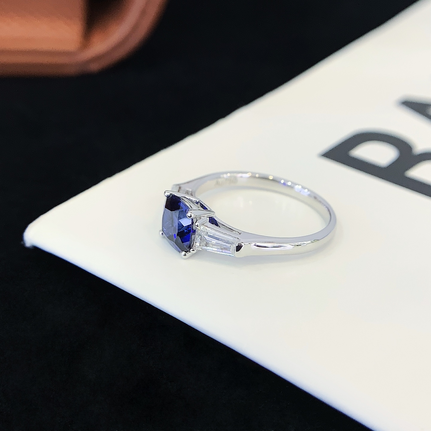 New Arrival Three Stones Vvs Baguette Cut Moissanite Diamond & Lab Grown Sapphire Engagement Ring for Women 4