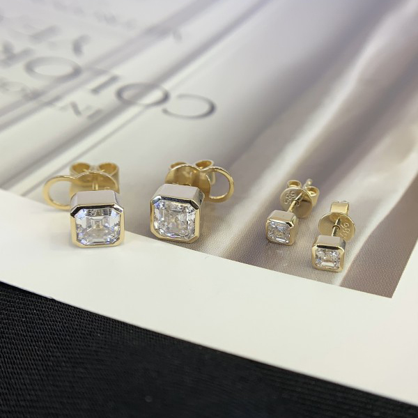 Diamond Stud Earring AsscherCut 10K Yellow Gold Lab Grwon Diamond Earrings with back scews 2