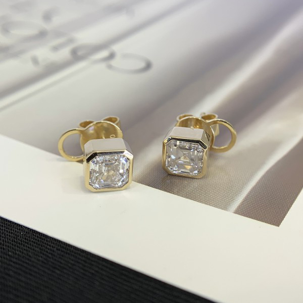 Diamond Stud Earring AsscherCut 10K Yellow Gold Lab Grwon Diamond Earrings with back scews