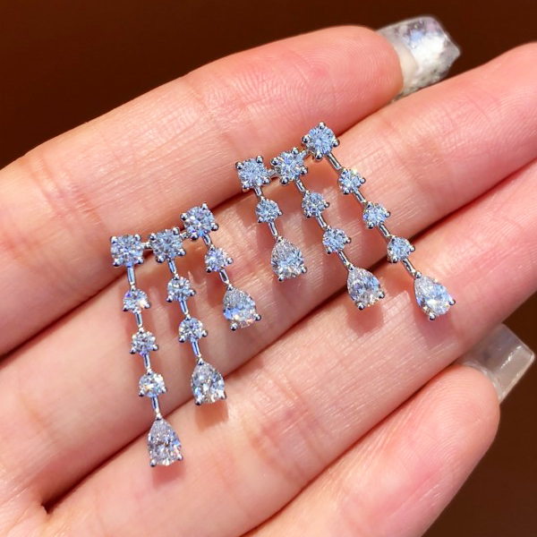 Bridesmaids Long Chandelier Design Women  Wedding 18k Drop Earrings  with Round Pear cut lab diamond 6