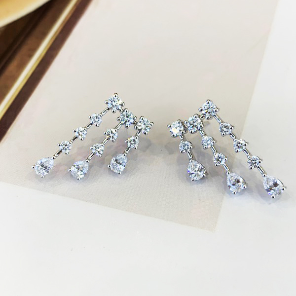 Bridesmaids Long Chandelier Design Women  Wedding 18k Drop Earrings  with Round Pear cut lab diamond 4