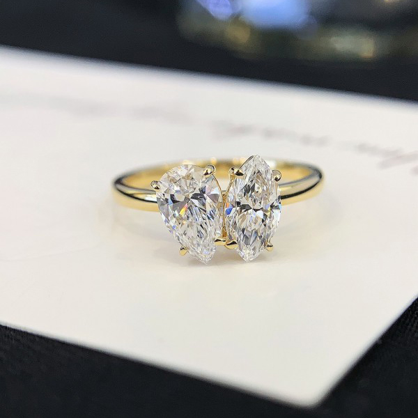 Engagement Jewelry Women 6.5mm Yellow Gold vs Lab Diamond  Pear and Marquise Cut Two Stone Wedding Ring