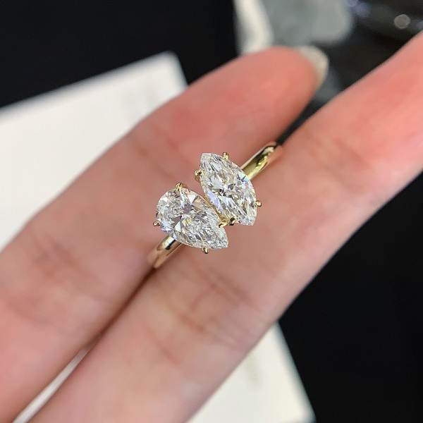 Engagement Jewelry Women 6.5mm Yellow Gold vs Lab Diamond  Pear and Marquise Cut Two Stone Wedding Ring 4