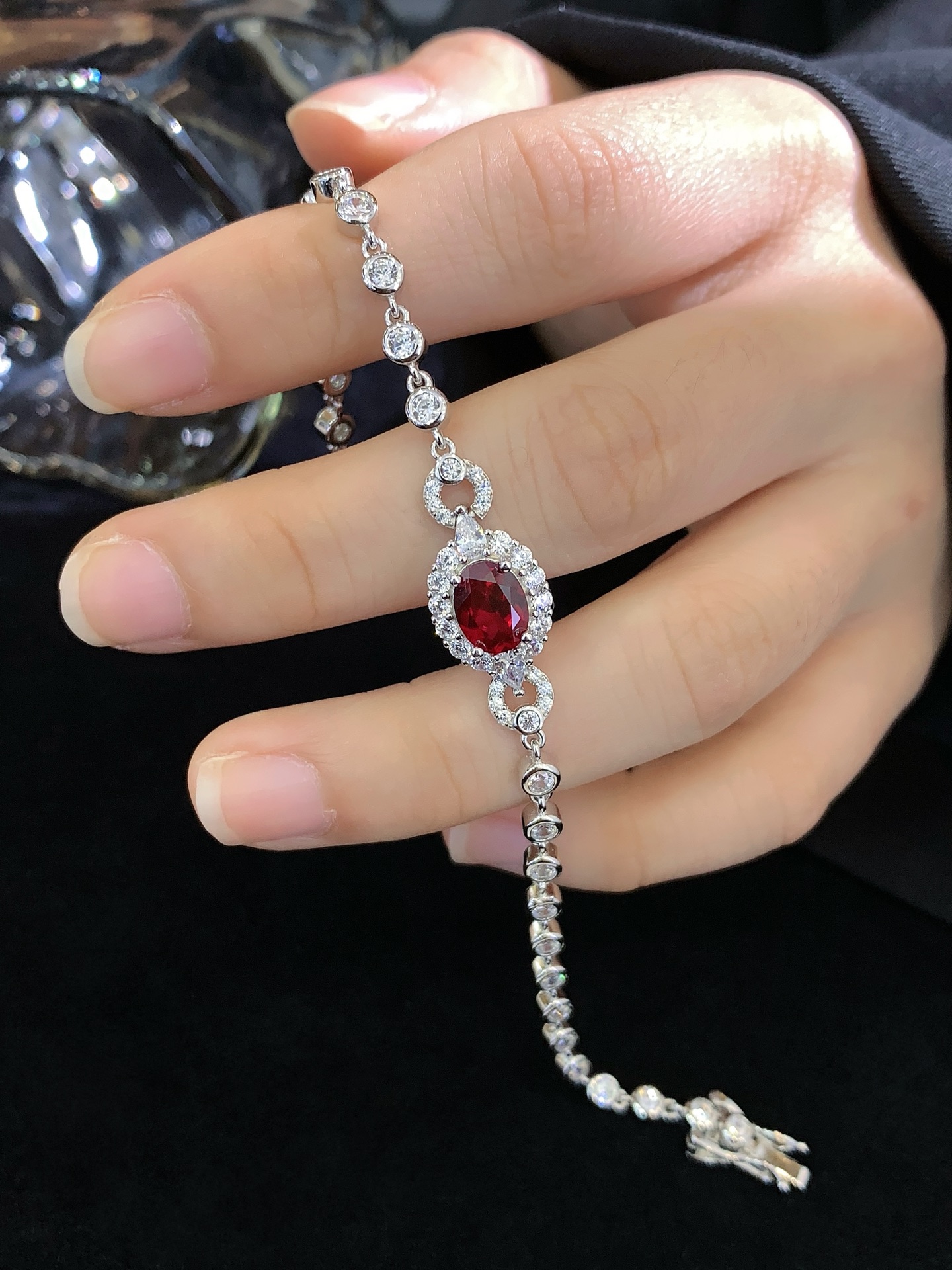 Oval Shape Lab Ruby Gemstone Charm Silver 925 Tennis Bracelet Bubble Link Chain
