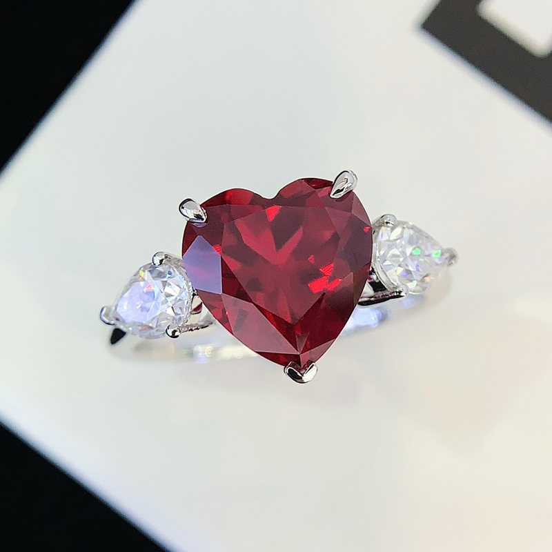 14k Lab Ruby Heart 3stone wedding ring