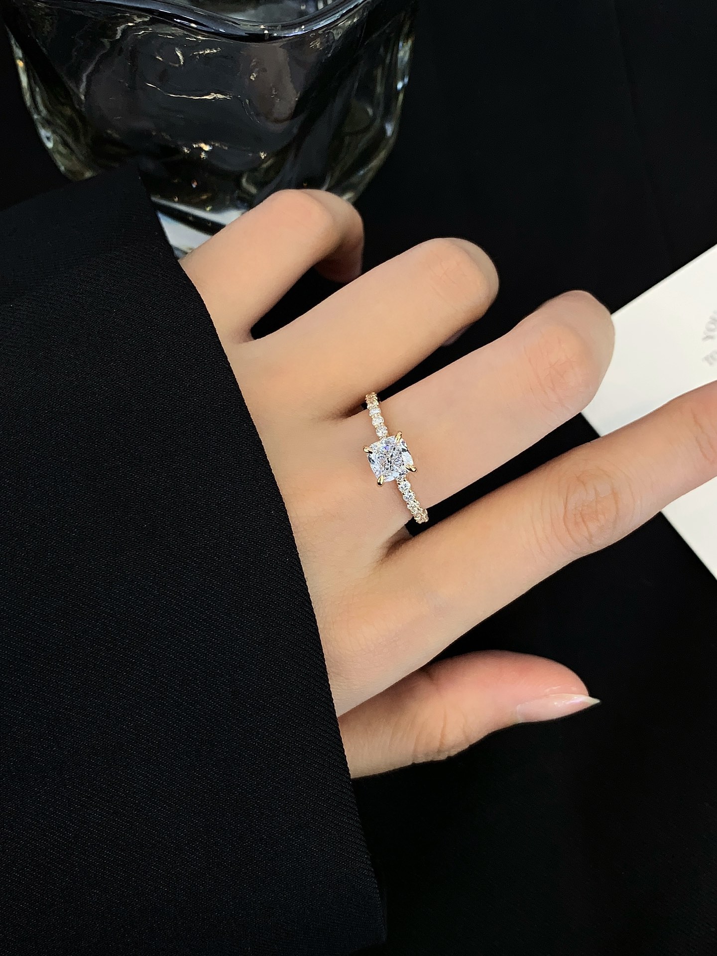Custom Jewelry 18K Yellow Gold Cushion Cut Lab Grown Diamond Ring with Melee Lab Diamond Side stone for Women 3