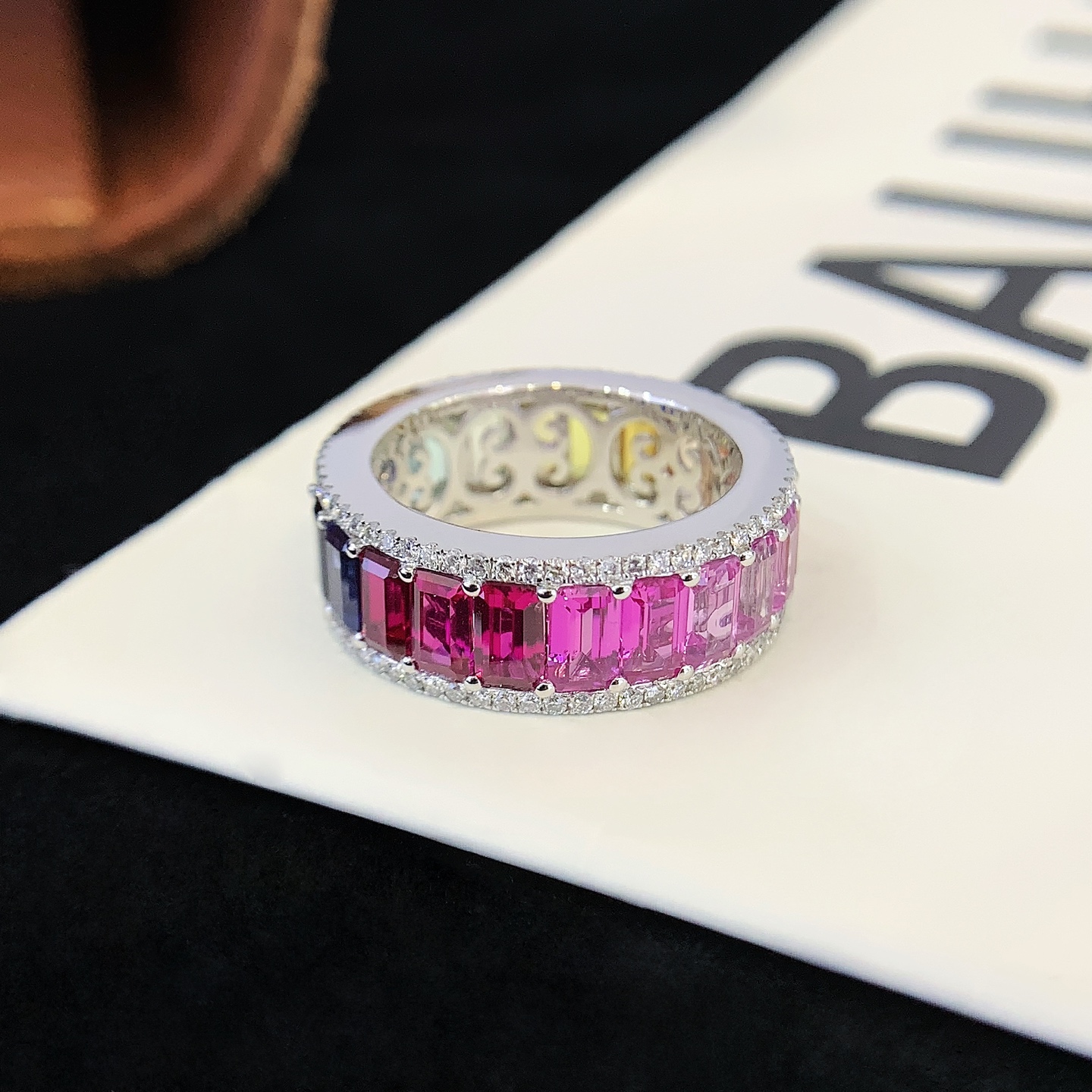 5*3mm Emerald Cut Colorful Lab Grown Sapphire Ring 18k Yellow AU750 Rainbow Eternity Ring