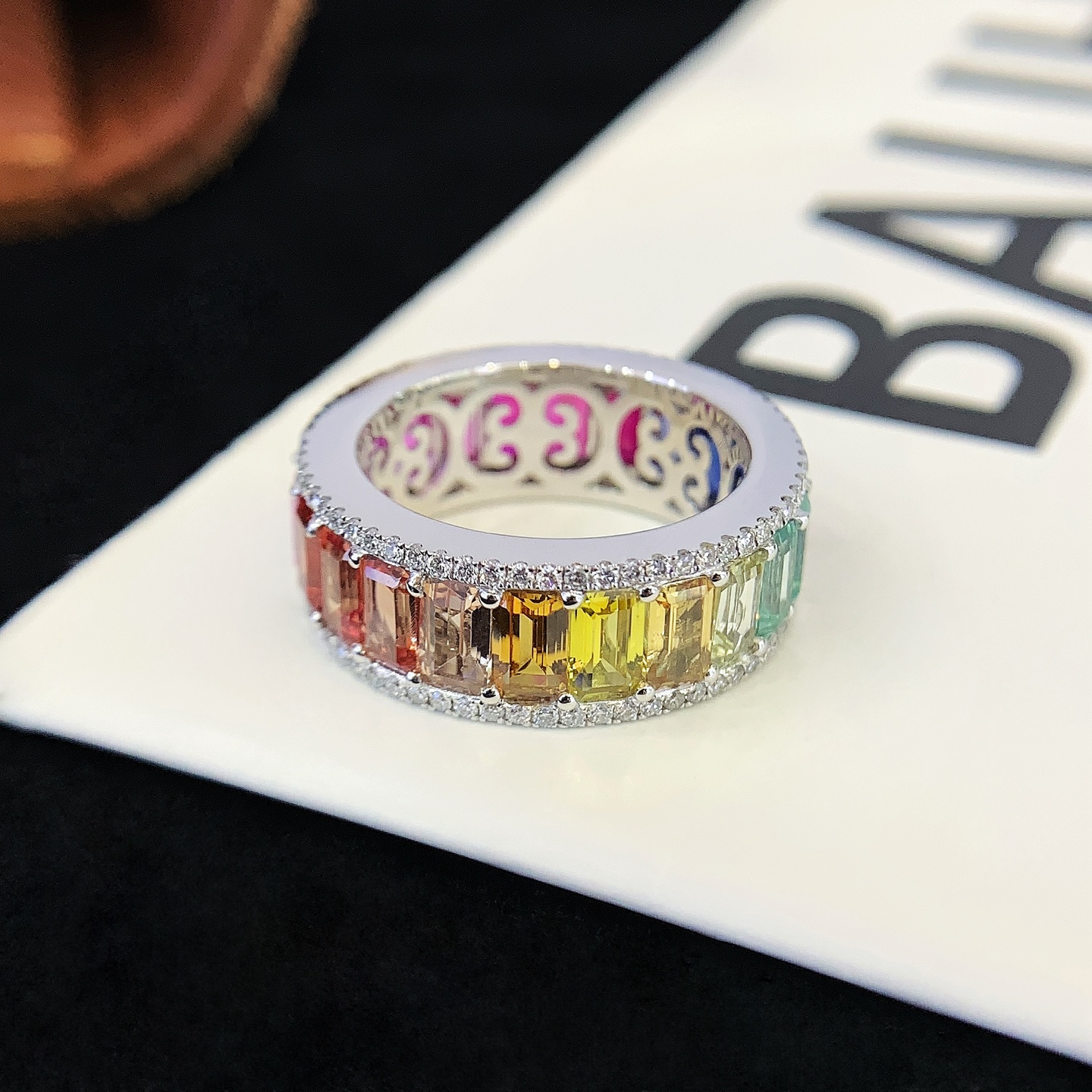 5*3mm Emerald Cut Colorful Lab Grown Sapphire Ring 18k Yellow AU750 Rainbow Eternity Ring 7