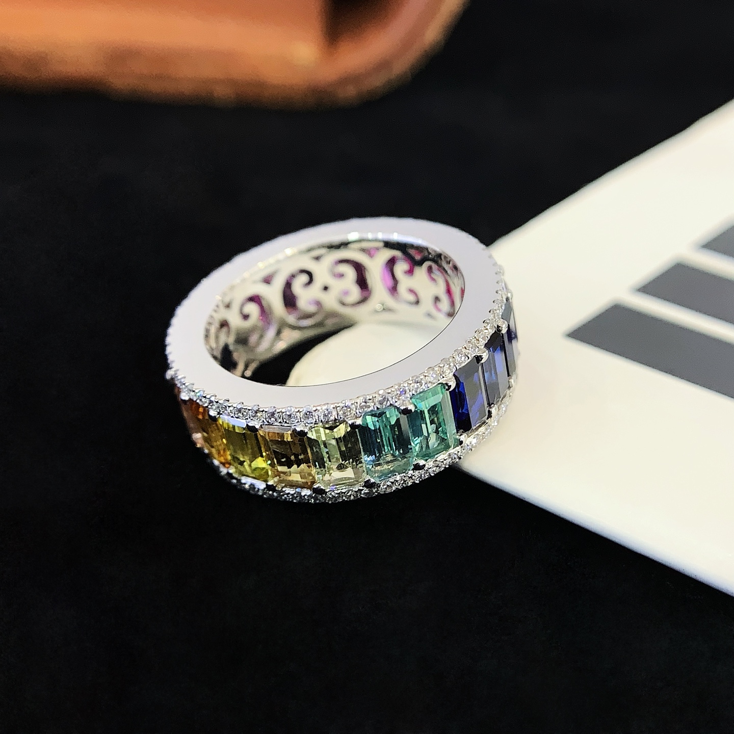 5*3mm Emerald Cut Colorful Lab Grown Sapphire Ring 18k Yellow AU750 Rainbow Eternity Ring 6