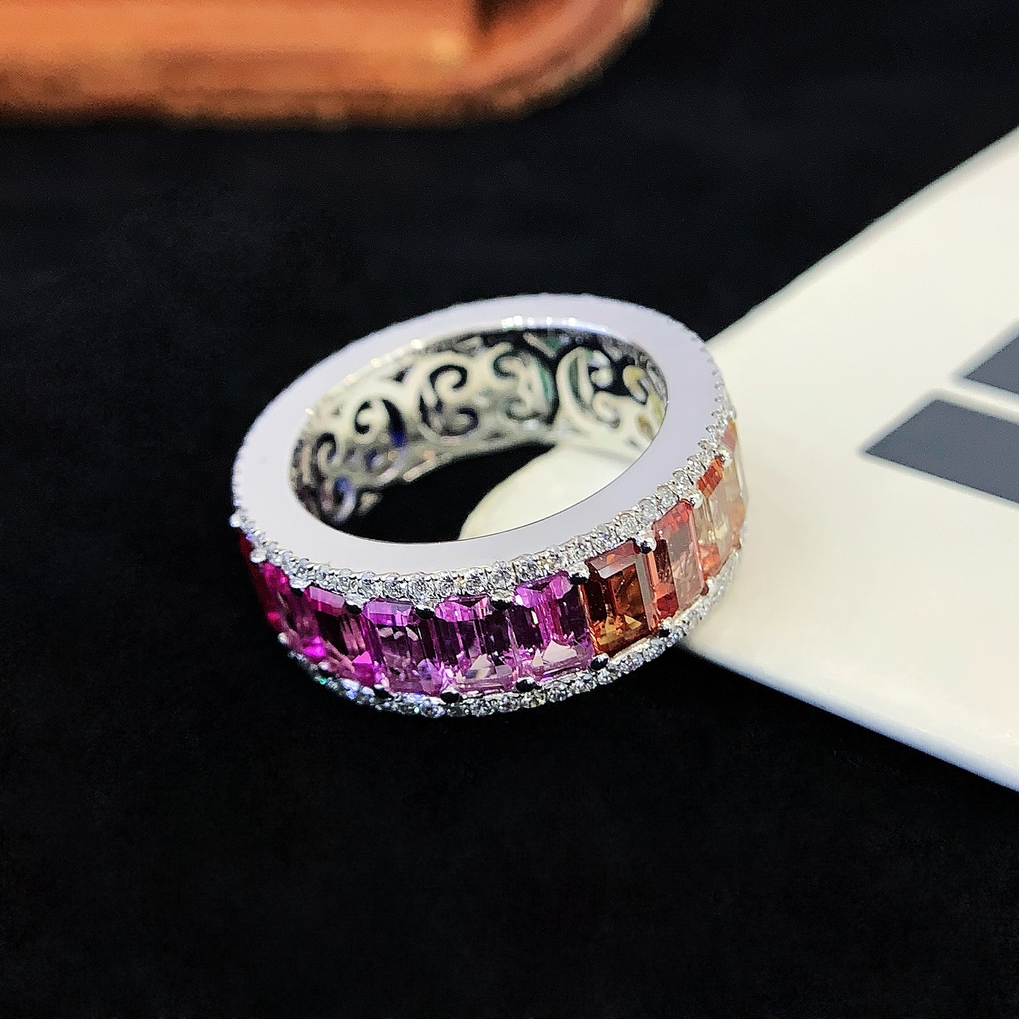 5*3mm Emerald Cut Colorful Lab Grown Sapphire Ring 18k Yellow AU750 Rainbow Eternity Ring 5