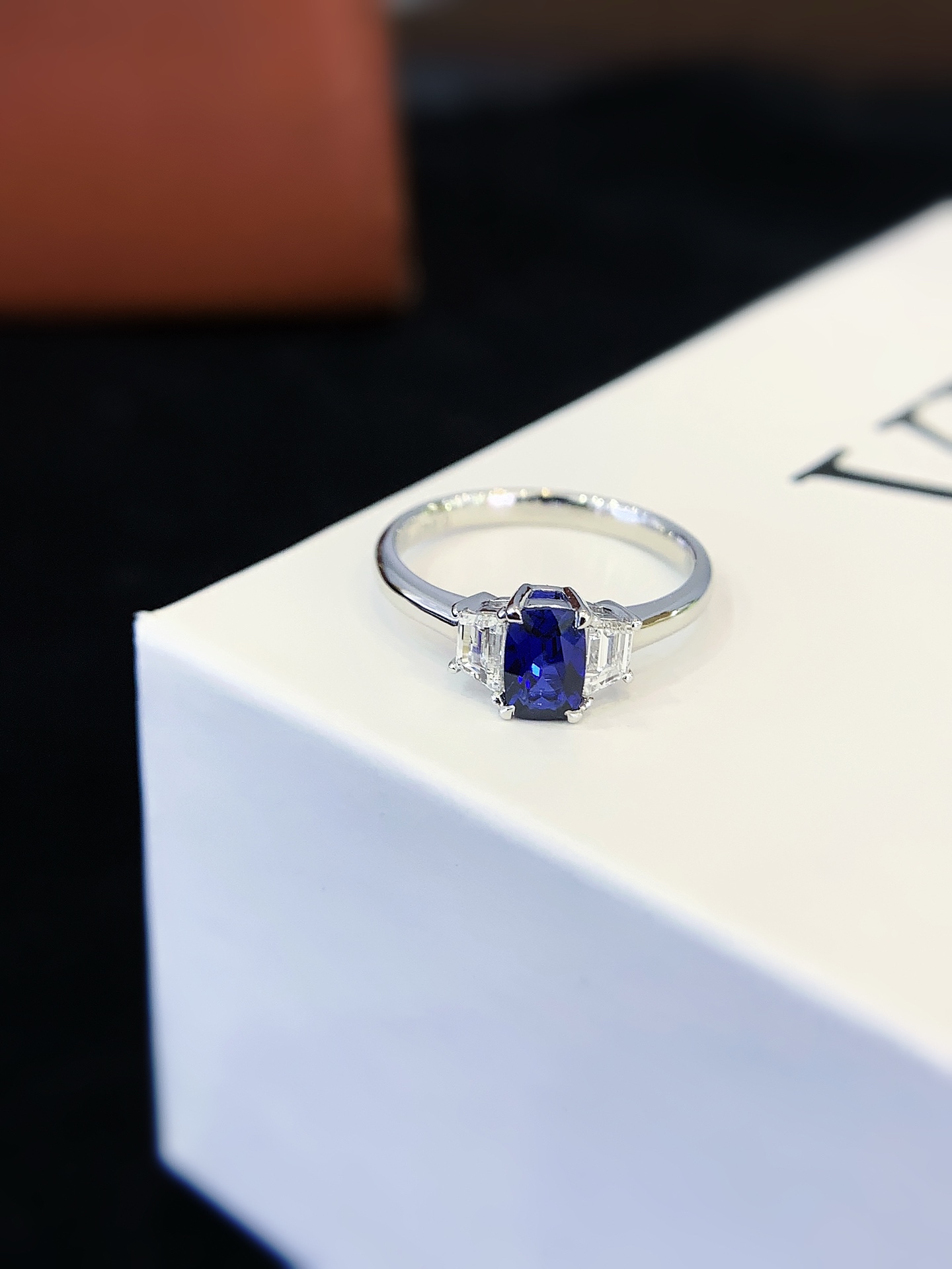 18K White Gold Lab Grown Sapphire Three-Stone Ring, Royal Blue Cushion Cut Sapphire Ring 18K Gold Lab Grown Sapphire Wedding Ring