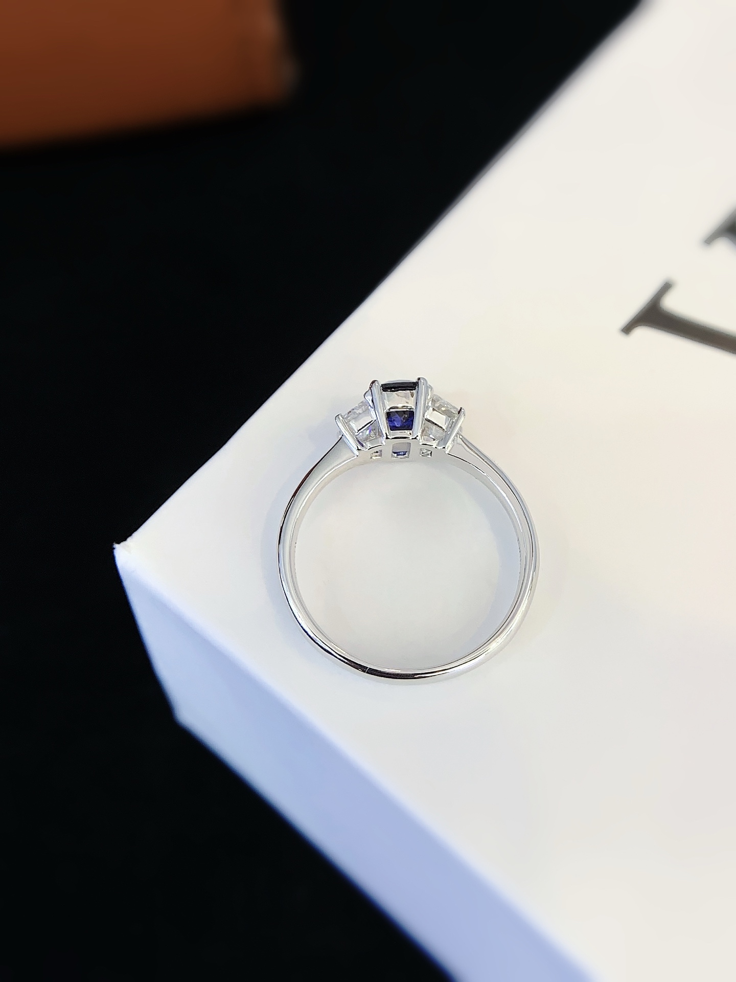 18K White Gold Lab Grown Sapphire Three-Stone Ring, Royal Blue Cushion Cut Sapphire Ring 18K Gold Lab Grown Sapphire Wedding Ring 4