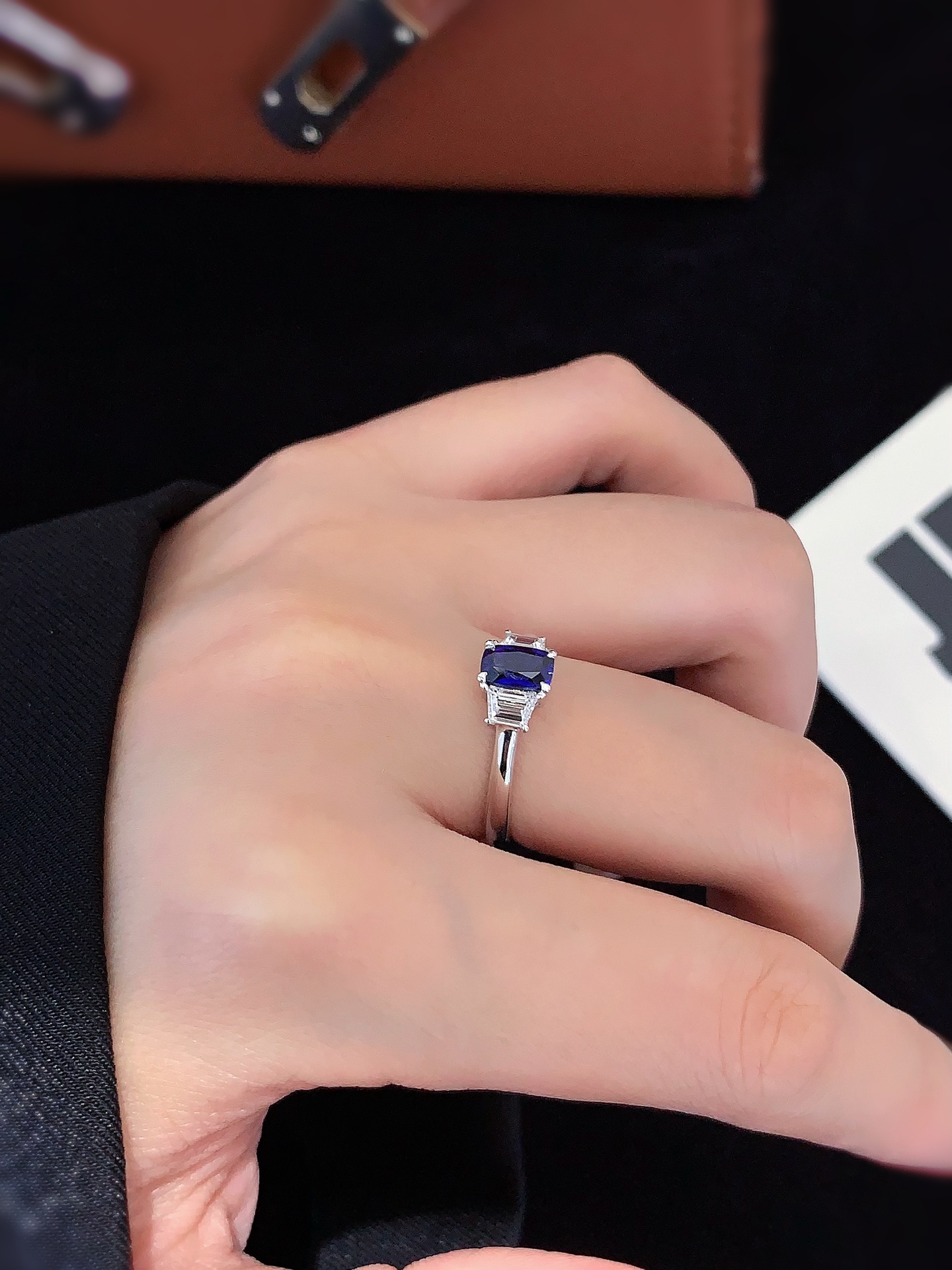 18K White Gold Lab Grown Sapphire Three-Stone Ring, Royal Blue Cushion Cut Sapphire Ring 18K Gold Lab Grown Sapphire Wedding Ring 7
